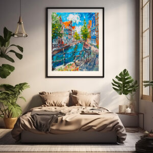 Poster: Canal with Bicycles and Colorful Houses Painting