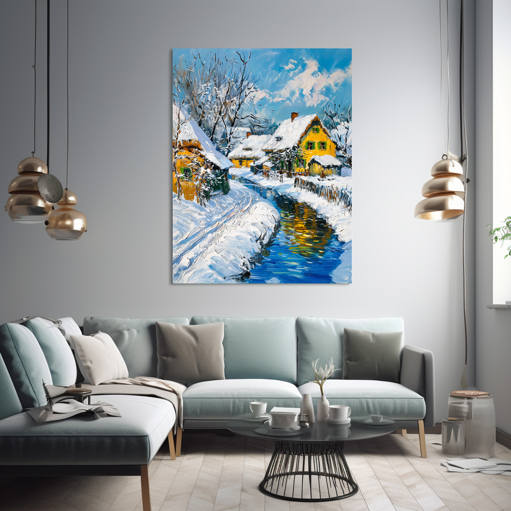 Poster: Snowy Village with Stream and Trees Fantasy Painting