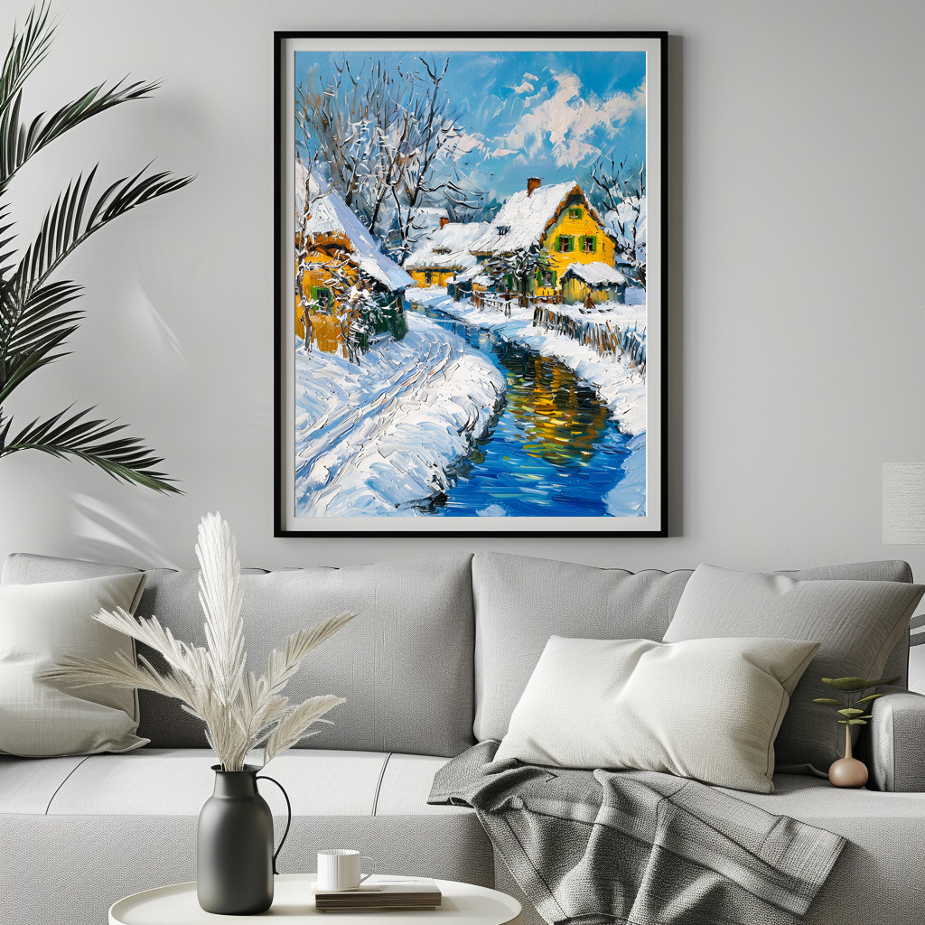Poster: Snowy Village with Stream and Trees Fantasy Painting – Image 2