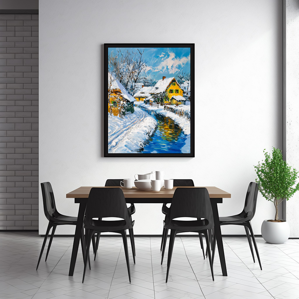 Poster: Snowy Village with Stream and Trees Fantasy Painting – Image 3