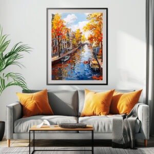 Poster: Autumn Canal with Boats and Colorful Houses Painting