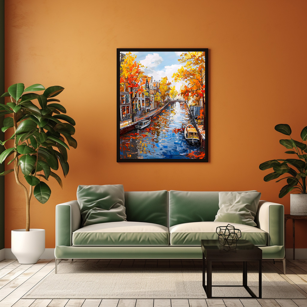 Poster: Autumn Canal with Boats and Colorful Houses Painting – Bild 2