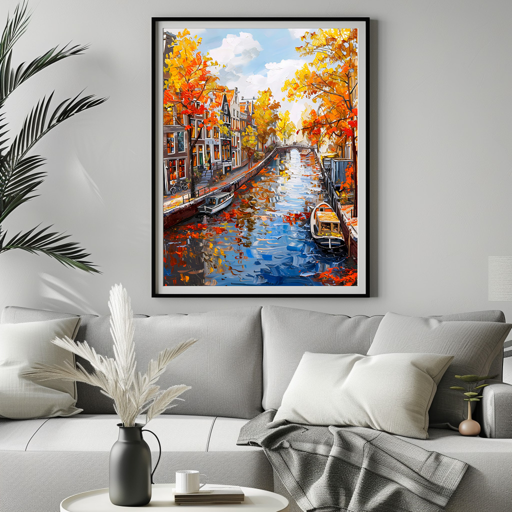 Poster: Autumn Canal with Boats and Colorful Houses Painting – Bild 3