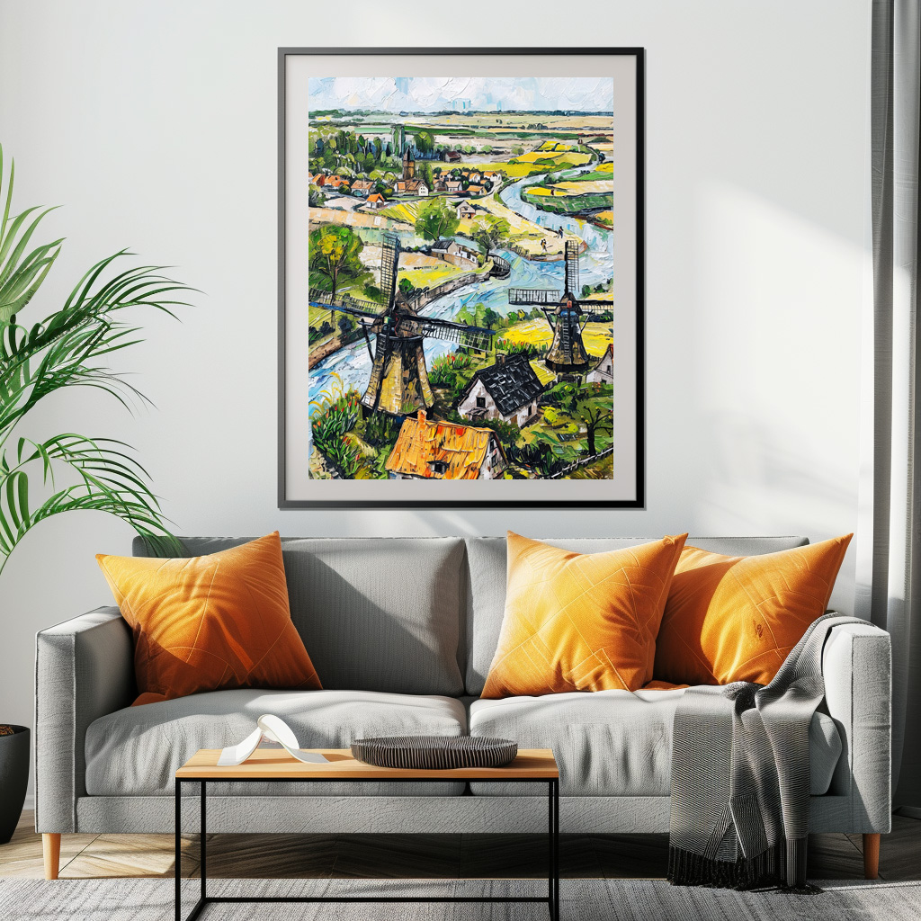 Poster: Windmills and Church by River Fantasy Painting