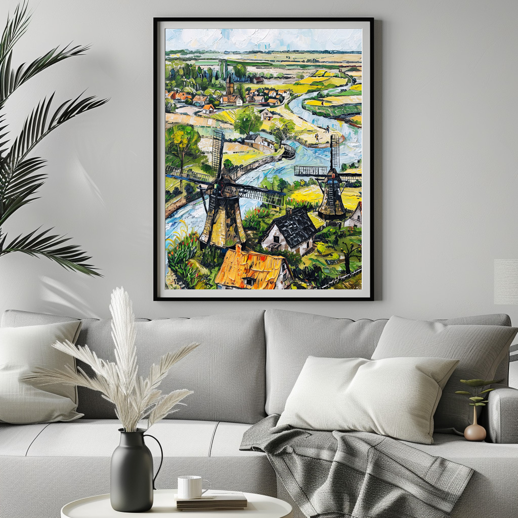 Poster: Windmills and Church by River Fantasy Painting – Image 2