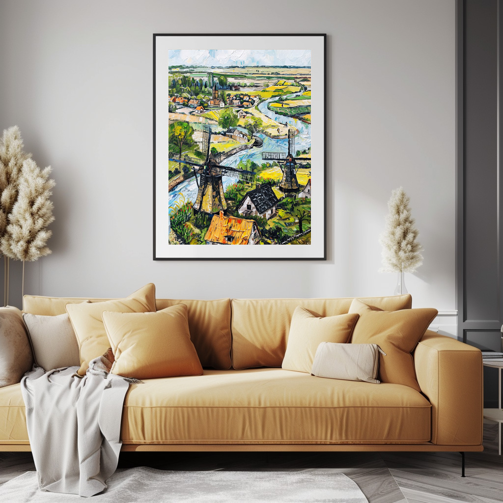 Poster: Windmills and Church by River Fantasy Painting – Image 3