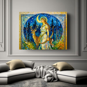 Poster: Artemis with Deer and Bow in a Starry Forest Night