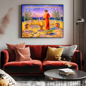 Poster: Hestia Lighting a Sacred Fire on Terrace with Olive Trees at Night