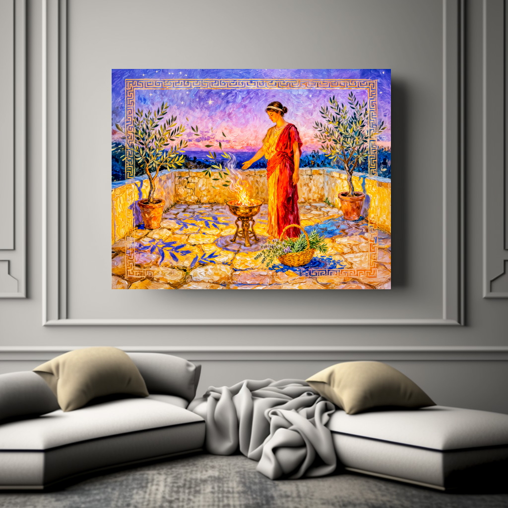 Poster: Hestia Lighting a Sacred Fire on Terrace with Olive Trees at Night – Bild 2