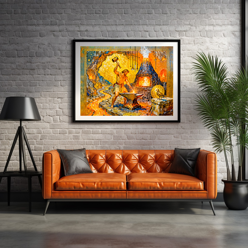 Poster: Hephaestus in Forge with Hammer, Anvil, Volcano Furnace and Lava Flow