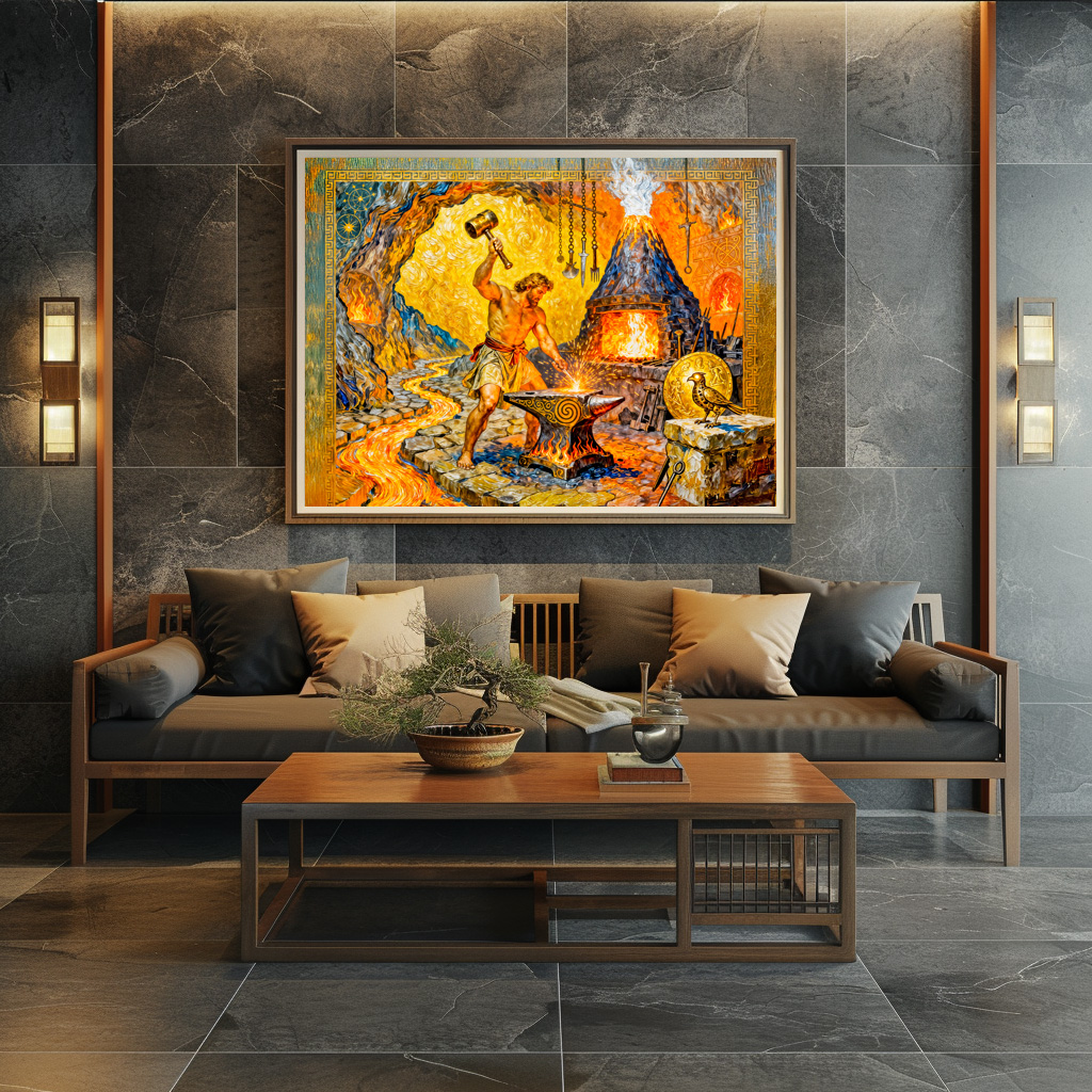 Poster: Hephaestus in Forge with Hammer, Anvil, Volcano Furnace and Lava Flow - Imagen 2