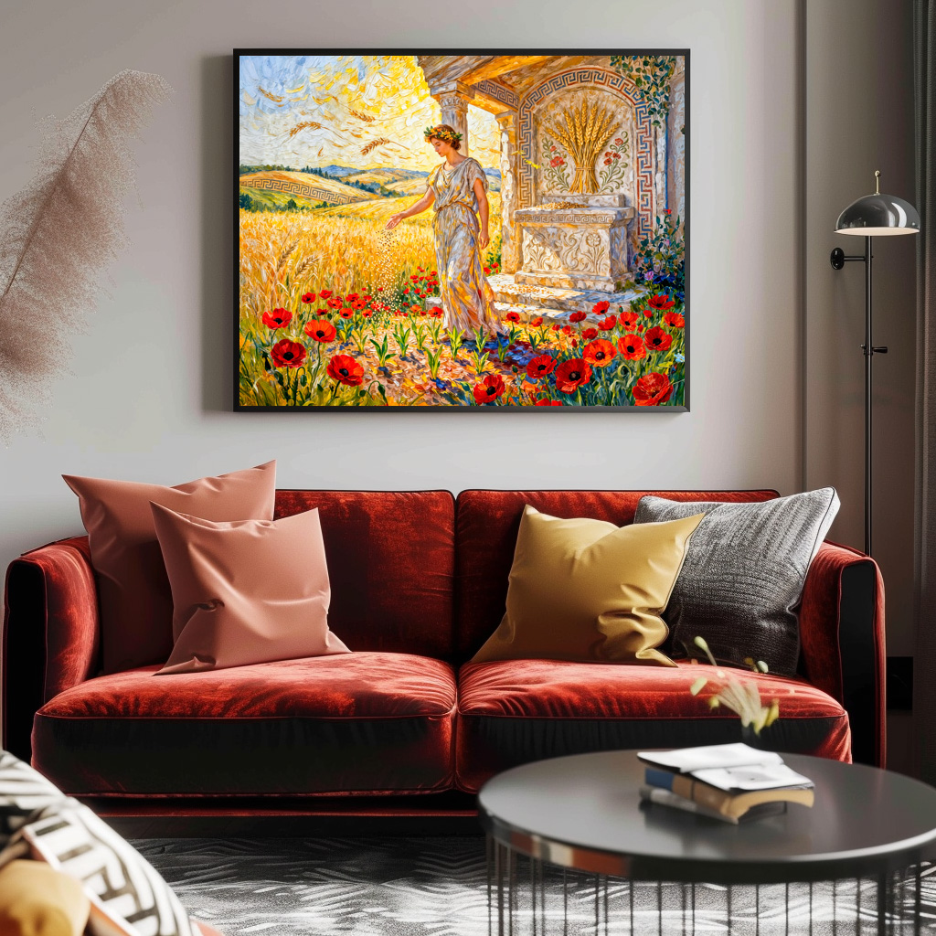 Poster: Demeter Sowing Grain by Field Altar Among Poppies and Ripe Wheat