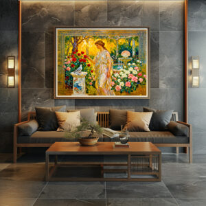 Poster: Aphrodite in Rose Garden with Fountain, Shell and Dove on Ledge