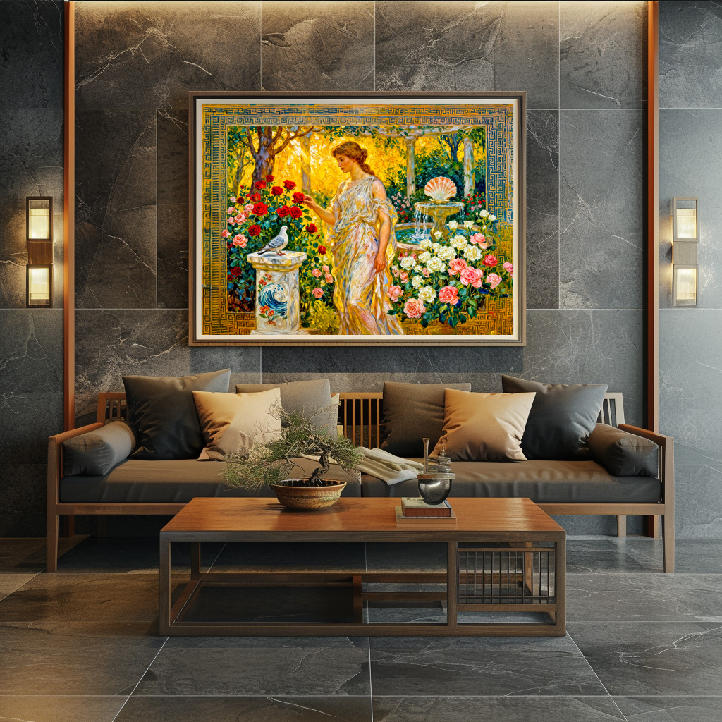 Poster: Aphrodite in Rose Garden with Fountain, Shell and Dove on Ledge