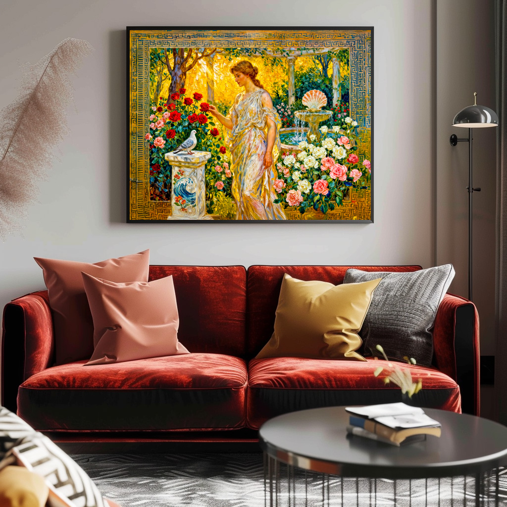 Poster: Aphrodite in Rose Garden with Fountain, Shell and Dove on Ledge – Bild 2