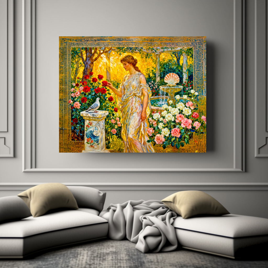 Poster: Aphrodite in Rose Garden with Fountain, Shell and Dove on Ledge – Bild 3