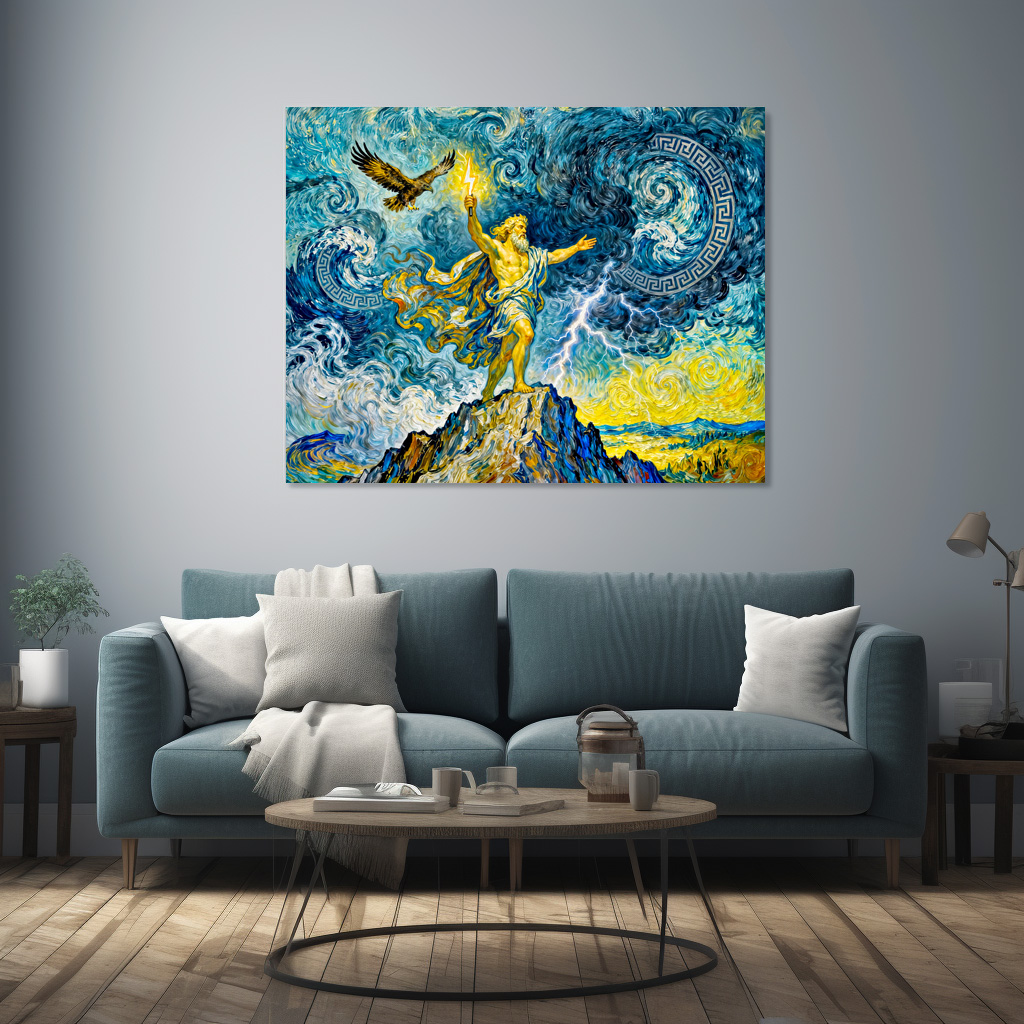 Poster: Zeus on Stormy Rocks with Lightning Bolt and Eagle Above