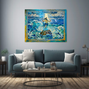 Poster: Poseidon on Sea Rocks with Trident and Dolphins