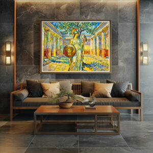 Poster: Athena with Owl and Shield by Olive Tree in Temple Courtyard