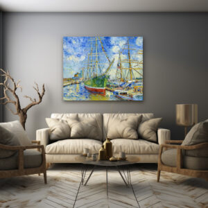 Poster: Impressionist Tall Ship in Hamburg Harbor with Reflections