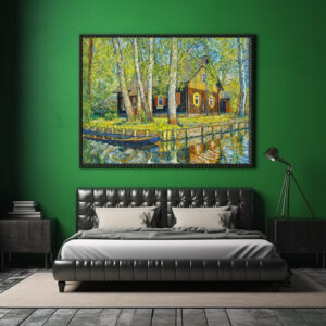 Poster: Impressionist Spreewald House by a Quiet Canal with Wooden Boat