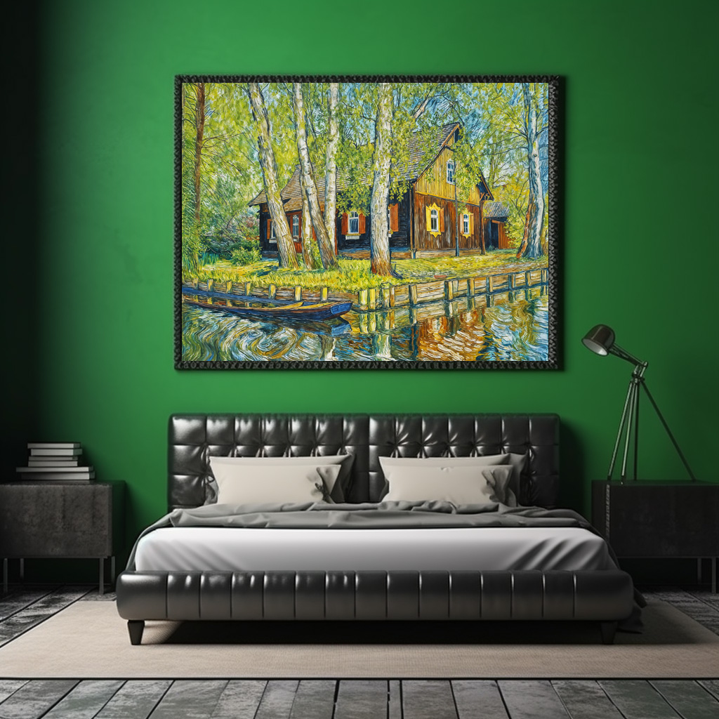 Poster: Impressionist Spreewald House by a Quiet Canal with Wooden Boat