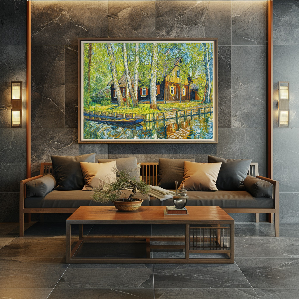 Poster: Impressionist Spreewald House by a Quiet Canal with Wooden Boat – Bild 2