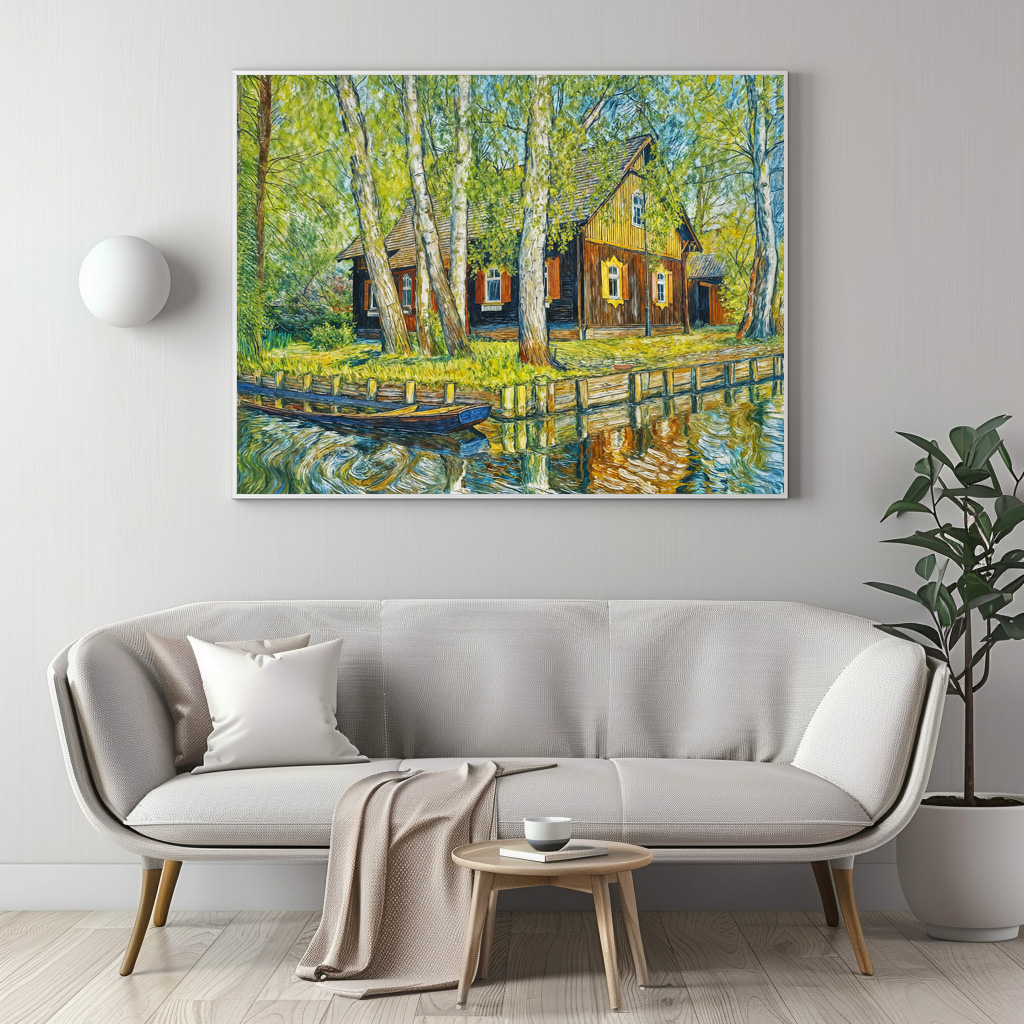 Poster: Impressionist Spreewald House by a Quiet Canal with Wooden Boat – Bild 3