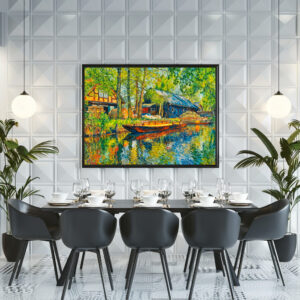Poster: Impressionist Spreewald Farmhouse with Wooden Boat by the Canal