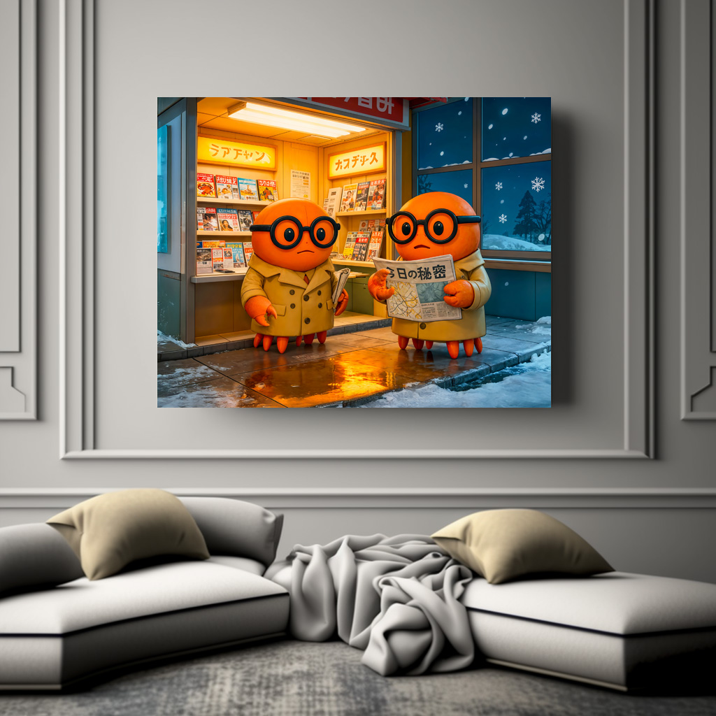 Poster: Spy Crabs Investigating Colorful Japanese Newsstand Scene