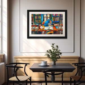 Poster: Cat sitting Among Open Books on table