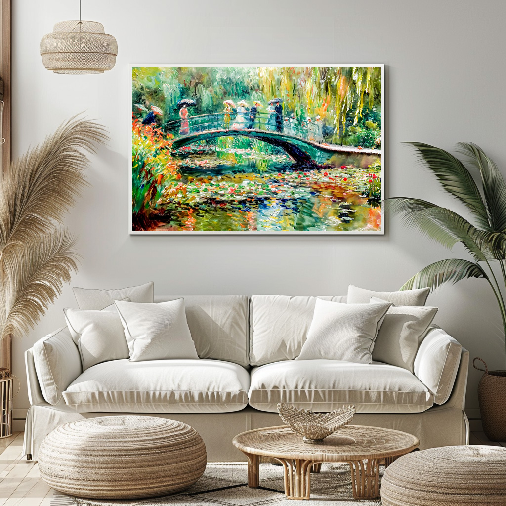 Poster: Impressionist Garden Art Mug Bridge Over Pond