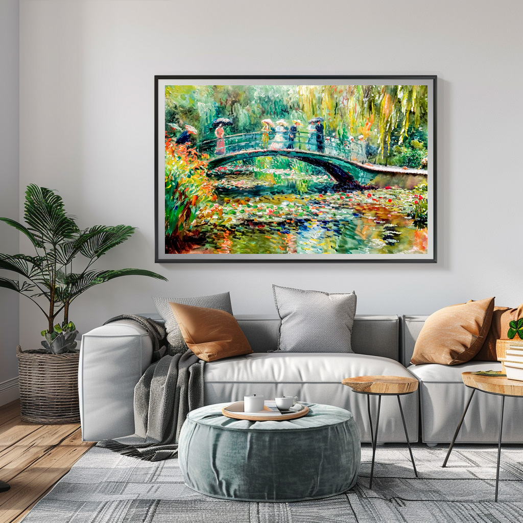 Poster: Impressionist Garden Art Mug Bridge Over Pond – Bild 2