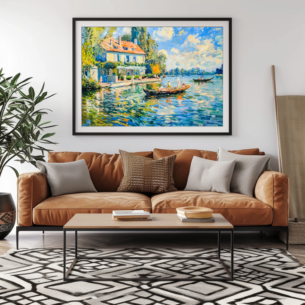 Poster: Impressionist Garden Art Mug Lakeside House with Boats – Image 2