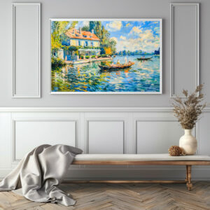 Poster: Impressionist Garden Art Mug Lakeside House with Boats