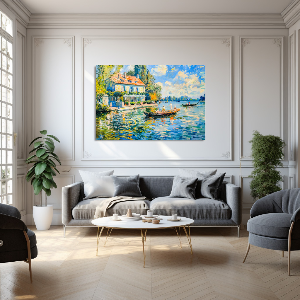 Poster: Impressionist Garden Art Mug Lakeside House with Boats – Image 3