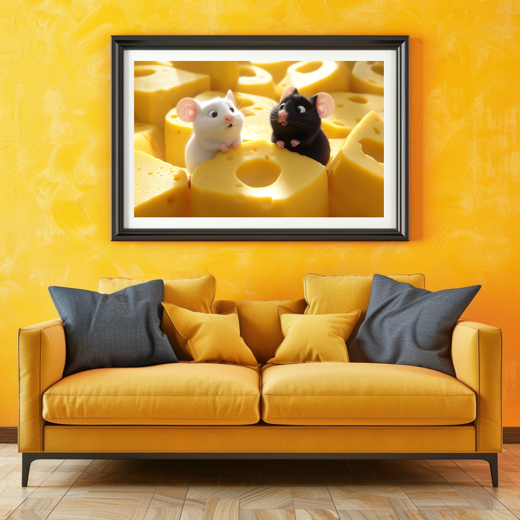 Poster: Oh, alles unser Käse - schwarze und weiße Maus im Käseland