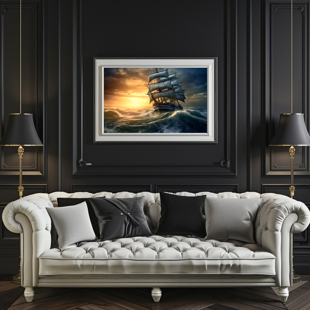 Poster: Segelschiff in hohen Wellen am Abend
