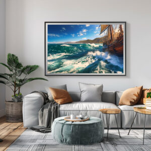 Poster: Blick von einem historischen Segelschiff auf den Horizont