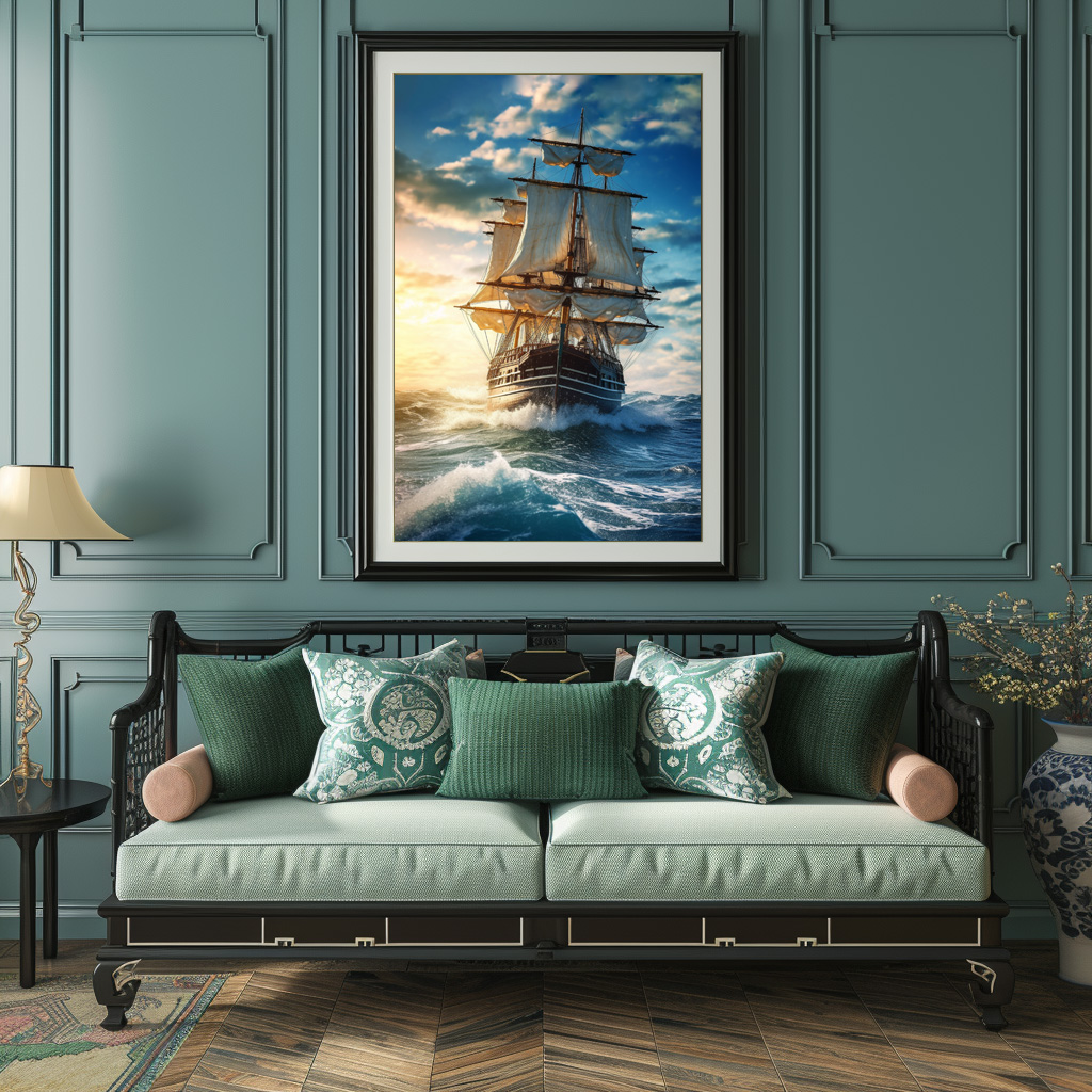 Poster: Segelschiff im Sonnenuntergang mit rauhen Wellen