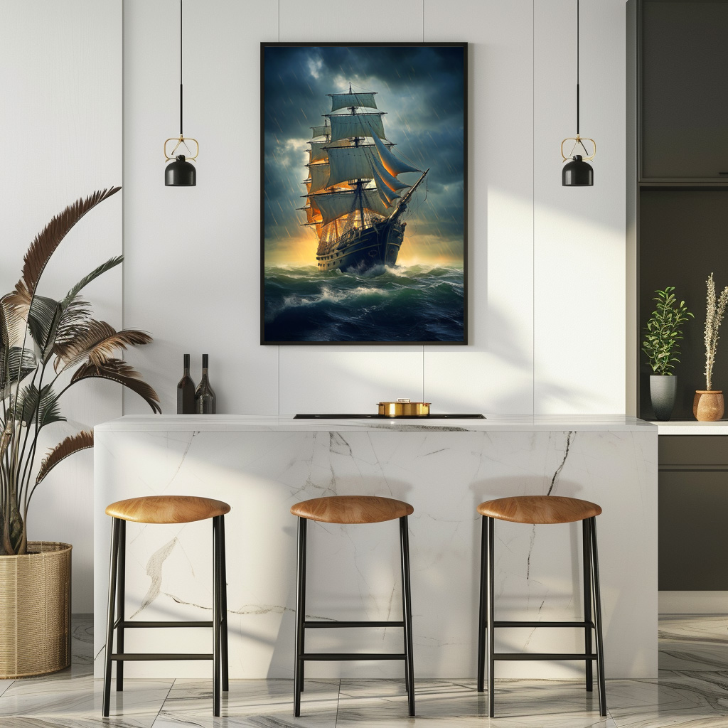 Poster: Historisches Segelschiff im Gegenlicht