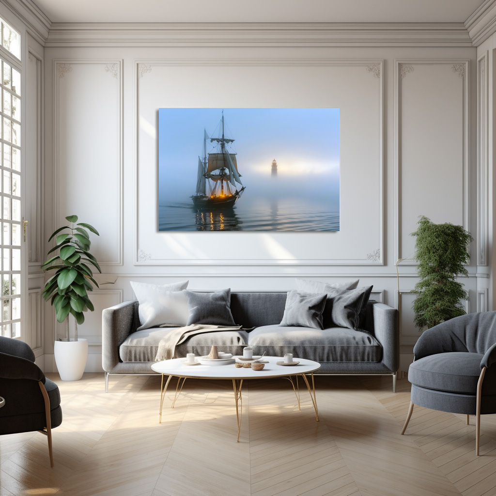 Poster: Segelschiff und Leuchtturm im Nebel