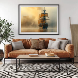 Poster: Historisches Segelschiff an der Küste im Nebel