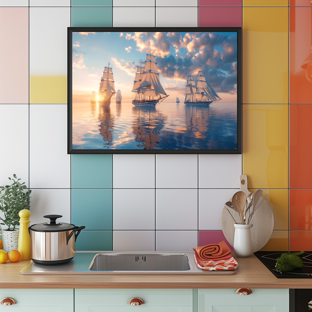 Poster: Mehrere historische Segelschiffe im Sonnenuntergang – Bild 2