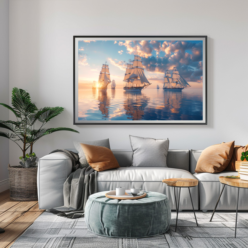 Poster: Mehrere historische Segelschiffe im Sonnenuntergang