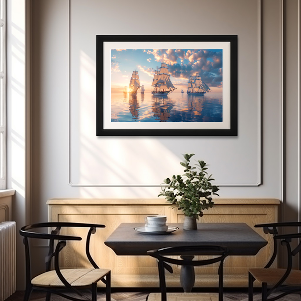 Poster: Mehrere historische Segelschiffe im Sonnenuntergang – Bild 3