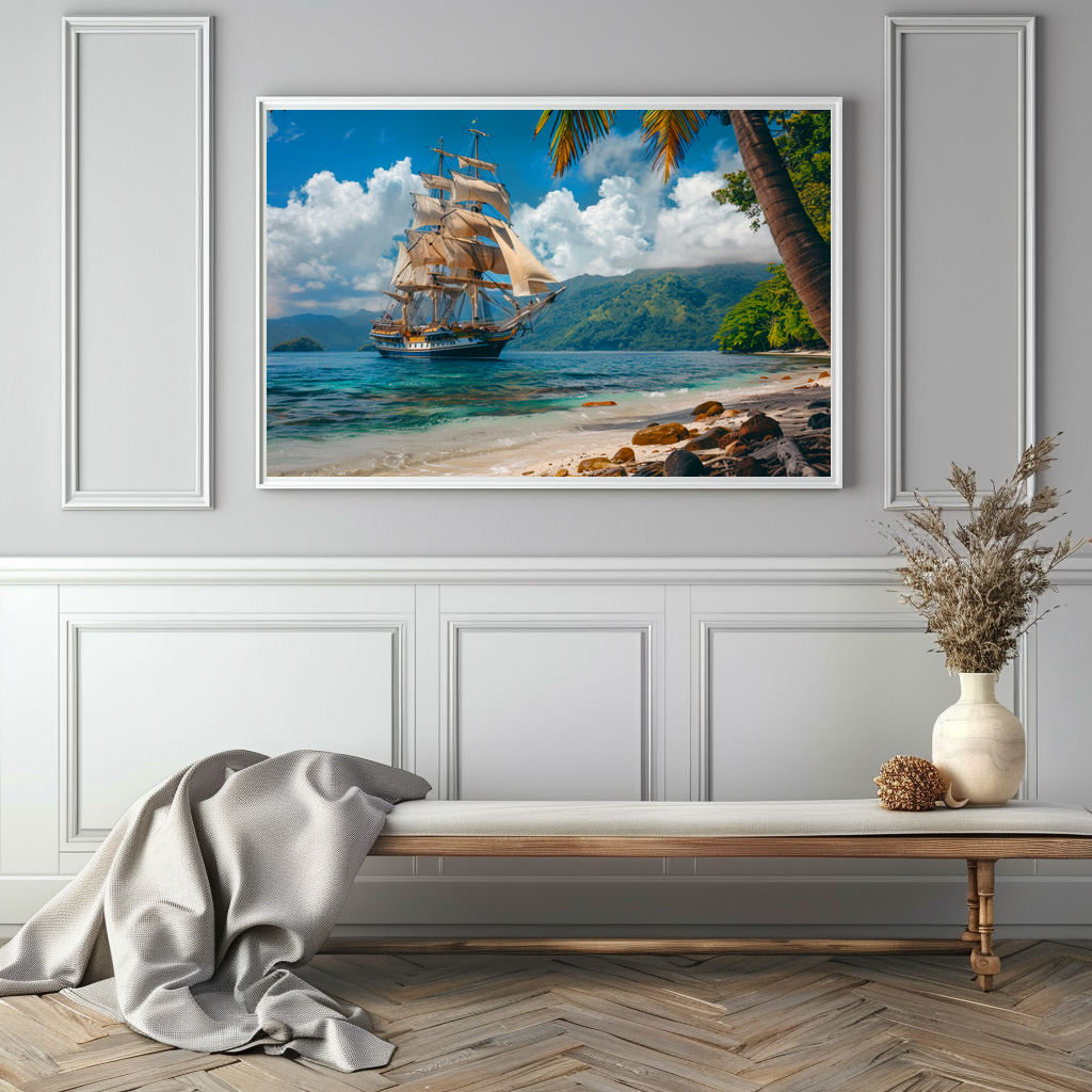 Poster: Historisches Segelschiff an einer Palmeninsel vor Anker – Bild 2