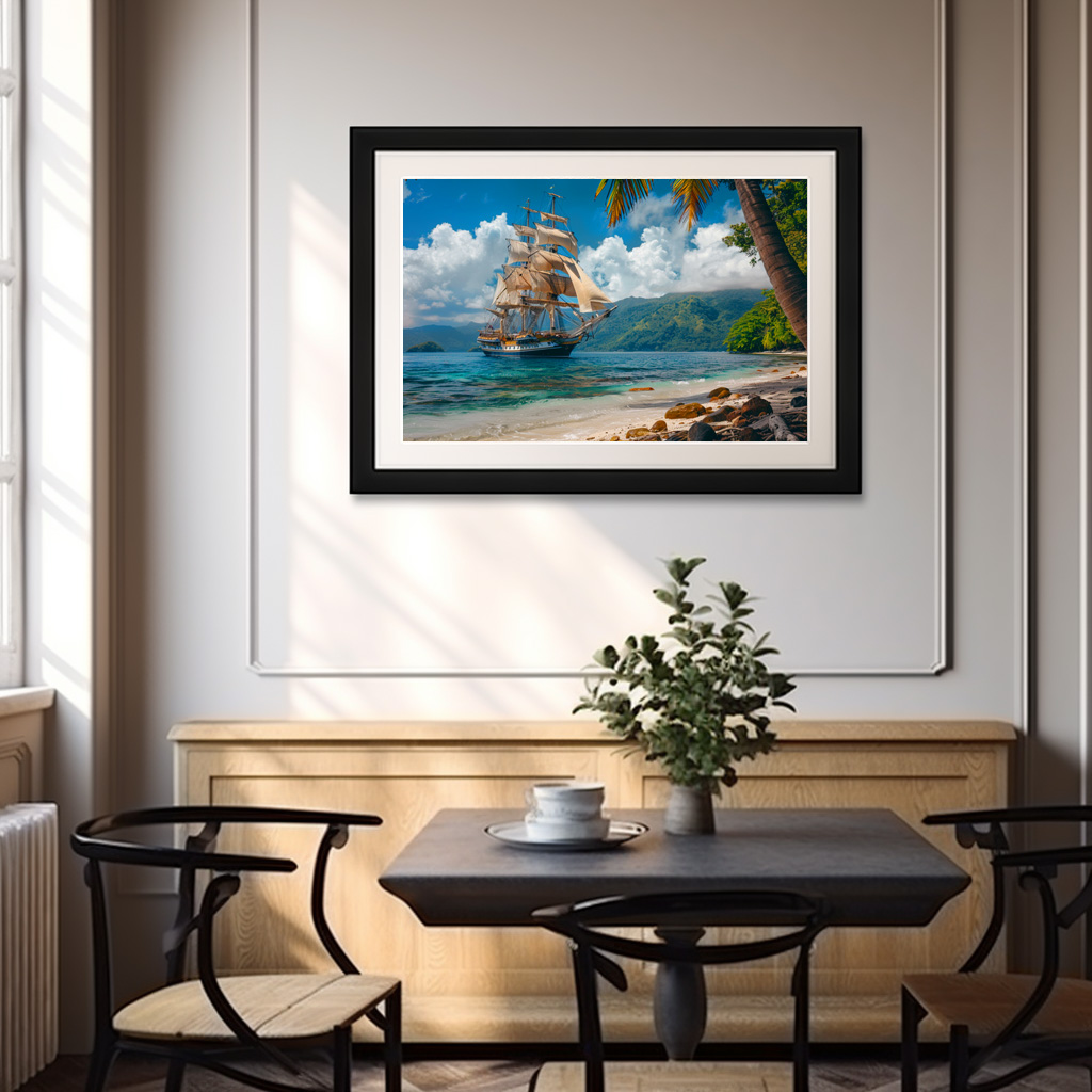 Poster: Historisches Segelschiff an einer Palmeninsel vor Anker – Bild 3