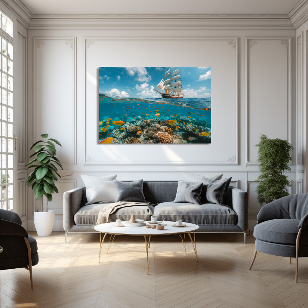 Poster: Segelschiff und Korallen mit Fischen