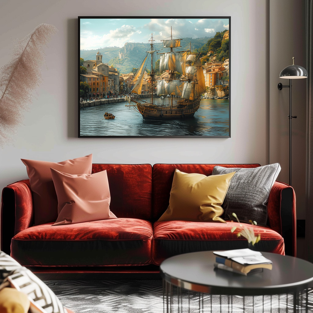 Poster: Historisches Segelschiff vor mittelalterlicher Stadt